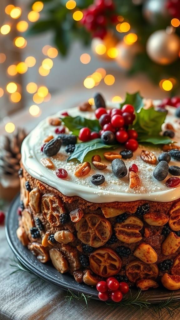 A festive Christmas fruit cake decorated with icing and holly on a holiday table.